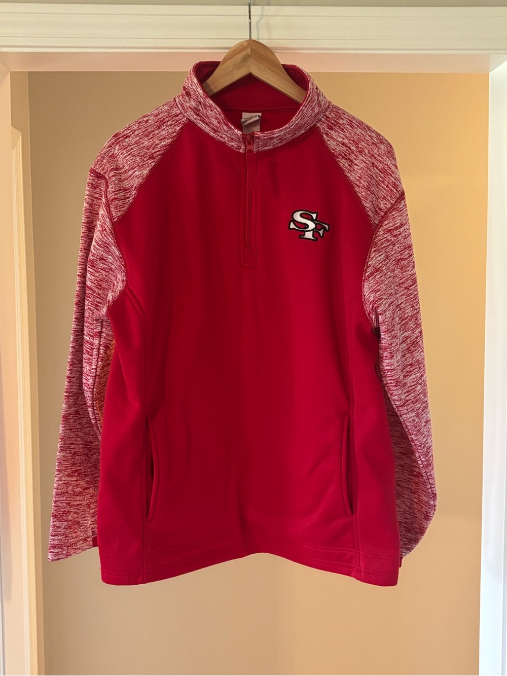 Men's Red Quarter-Zip Athletic Sweater with Heathered Sleeves 49ers